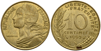 Франция 10 сантимов 1990 тип Marianne KM 929 алюминиевая бронза 4390-621