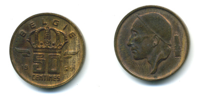 Бельгия 50 сантимов 1969 Belgie, Бодуэн I (1951-1993) KM 149.1 бронза 86-823