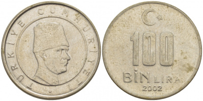 Турция 100000 лир 2002 Мустафа Кемаль Ататюрк KM 1106 медь никель цинк 3309-1121