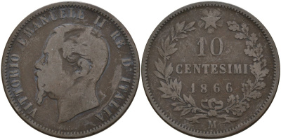 Италия 10 чентезимо 1866 Виктор Эммануил II (1861 - 1878) KM 11 медь 4144-941
