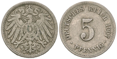 Германия 5 пфеннигов 1907 A, Вильгельм II (1888-1918) KM 11, J. 12 медно-никель 4615-734