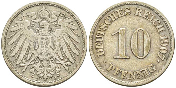 Германия 10 пфеннигов 1907 J KM 12, J. 13, Weege 8 медно-никель 259-917