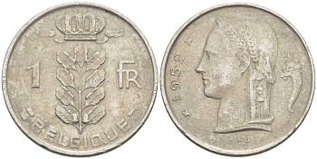 БЕЛЬГИЯ 1 ФРАНК 1952 BELGIQUE, БОДУЭН I (1951-1993) KM 142.1 медно-никель 119-435