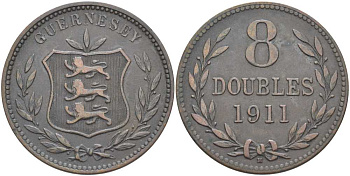 Гернси 8 даблов (дублей) 1911 KM 7 бронза 3996-535