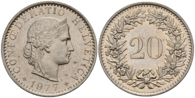 Швейцария 20 раппенов 1977 KM 29a медно-никель 4187-757