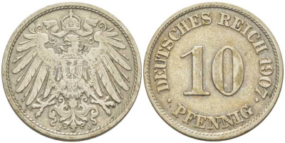 Германия 10 пфеннигов 1907 J KM 12, J. 13, Weege 8 медно-никель 259-917