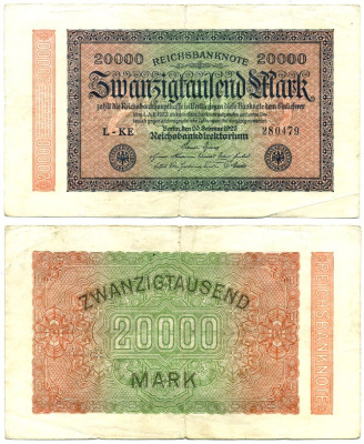 ГЕРМАНИЯ 20000 МАРОК 1923 20 ФЕВРАЛЯ 1923, ВОДЯНОЙ ЗНАК L Pick 85a бумага 7116-11-1