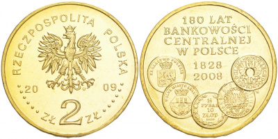 Польша 2 злотых 2009 MW, 180 лет центральному банку Польши KM 675 латунь UNC M19-10