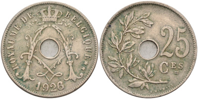 Бельгия 25 сантимов 1926 BELGIQUE, Альберт I KM 68 медно-никель 4591-854