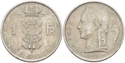 БЕЛЬГИЯ 1 ФРАНК 1952 BELGIQUE, БОДУЭН I (1951-1993) KM 142.1 медно-никель 119-435