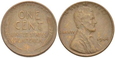 США 1 цент 1944 Линкольн KM А132 медь цинк 218-163