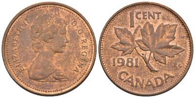 Канада 1 цент 1981 Елизавета II (1952-2022), кленовый лист KM 127 бронза 4609-158
