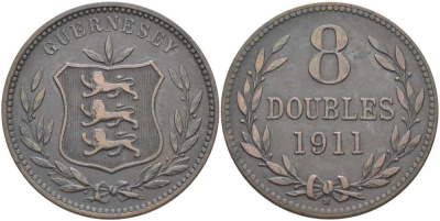 Гернси 8 даблов (дублей) 1911 KM 7 бронза 3996-535