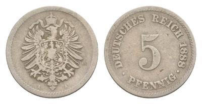 Германия 5 пфеннигов 1888 A KM 3, J. 3, Weege 5 медно-никель 4639-1253