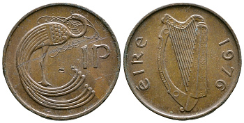 ИРЛАНДИЯ 1 ПЕННИ 1976 ПТИЧКА KM 20 бронза 89-334