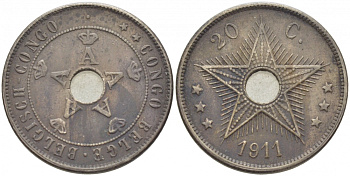 Бельгийское Конго 20 сантимов 1911 Альберт I (1909-1934) KM 19 медно-никель 4448-446