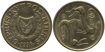 Кипр 2 цента 1998 KM 54.3 никель латунь 4158-464