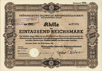 Германия 1000 рейхсмарок 1940 Тюрингская компания по производству целлюлозы, Шварца, Заале, акция   бумага   8803-123-1
