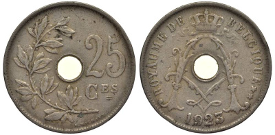 Бельгия 25 сантимов 1923 Belgique, Альберт I (1909-1934) KM 68.1 медно-никель 27-923