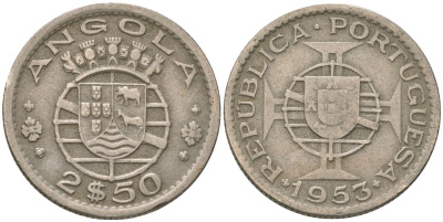 Ангола 2 1/2 эскудо 1953 KM 77 медно-никель 4621-649