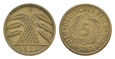 Германия 5 рейхспфеннигов 1925 F KM 39, J. 316 алюминиевая бронза 4644-1137