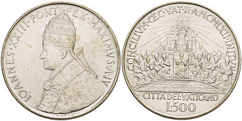 Ватикан 500 лир 1962 IV год, Иоанн XXIII (1958-1963), второй вселенский собор KM 74 серебро    4512-836