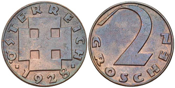 АВСТРИЯ 2 ГРОША 1928 ДОВОЕННАЯ ДЕСЯТИЧНАЯ ЧЕКАНКА KM 2837 бронза 201-213