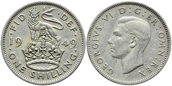 Великобритания 1 шиллинг 1949 Георг VI (1936-1952), Английский герб KM 876, Spink 4108 медно-никель 4395-1214