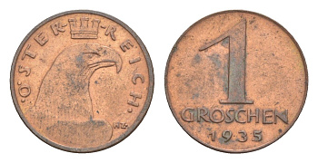 Австрия 1 грош 1935 KM 2836 бронза 4549-1267