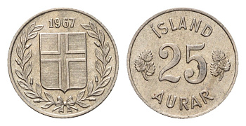 Исландия 25 эйре 1967 KM 11 медно-никель 4647-1148