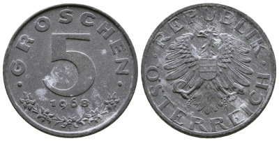 АВСТРИЯ 5 ГРОШЕЙ 1968 KM 2875 цинк 57-554