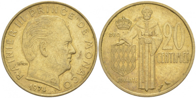 Монако 20 сантимов 1974 Ренье III (1949-2005) KM 143 алюминиевая бронза 73-317