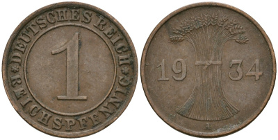 Германия 1 рейхспфенниг 1934 A KM 37, J. 313 бронза 4189-1231