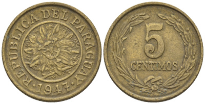 Парагвай 5 сентимо 1947  KM 21 алюминиевая бронза    220-1019