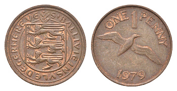 Гернси 1 пенни 1979 Елизавета II (1952-2022), северная олуша в полете KM 27 бронза 4702-724