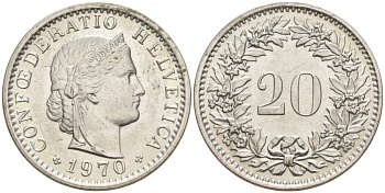 Швейцария 20 раппенов 1970 KM 29a медно-никель 55-933