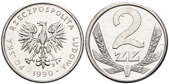 Польша 2 злотых 1990 MW, Народная Республика KM 80.3, Parchimowicz 219b алюминий UNC 4580-812