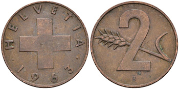 Швейцария 2 раппена 1963 В KM 47 бронза 4591-1247