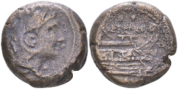 Римская Республика квадрант 108-107 гг. до н.э. монетарий М. Геренний, голова Геркулеса / Прора, Рим, 7,96 гр Crawford 308/3 медь 1073-19-26