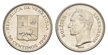 Венесуэла 50 сентимо 1990 Симон Боливар Y 41a сталь плакированная никелем 4584-637