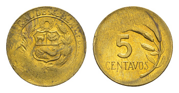 Перу 5 сентаво 1969-1973 брак чекана KM 244.2 латунь  aUNC  4659-534