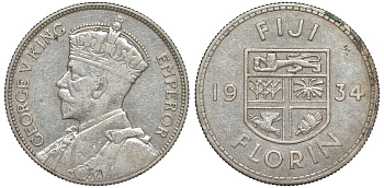 Фиджи 1 флорин 1934 Георг V (1910-1936), герб Фиджи KM 5 серебро 91-1242