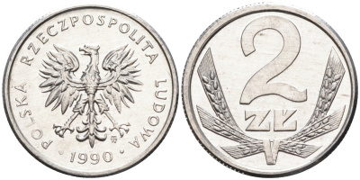 Польша 2 злотых 1990 MW, Народная Республика KM 80.3, Parchimowicz 219b алюминий UNC 4580-812