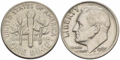 США 10 центов (дайм) 1967 Рузвельт KM 195а медь плакированная медно-никелем 105-657