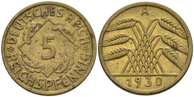 Германия 5 рейхспфеннигов 1930 A KM 39, J. 316 алюминиевая бронза 4151-729