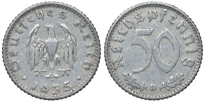 Германия 50 рейхспфеннигов 1935 D KM 87, J. 368 алюминий 4121-1111