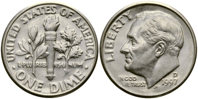 США 10 ЦЕНТОВ = 1 ДАЙМ 1997 D, РУЗВЕЛЬТ KM 195а медь плакированная медно-никелем 46-1145