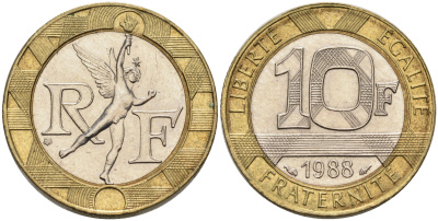 Франция 10 франков 1988 тип Гений Бастилии KM 964.1, Le Frank 375.2 биметалл 4589-714