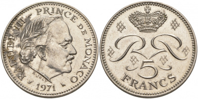 Монако 5 франков 1971 Ренье III (1949-2005) KM 150 медно-никель плакированный никелем 73-1651