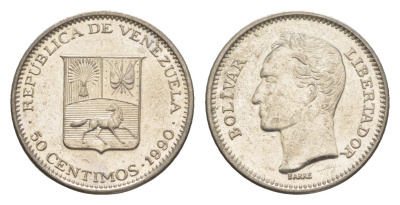Венесуэла 50 сентимо 1990 Симон Боливар Y 41a сталь плакированная никелем 4584-637